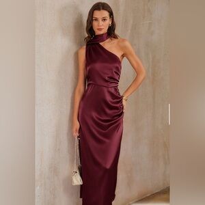 NWT RIHOAS One-Shoulder Satin Dress in Deep Wine
